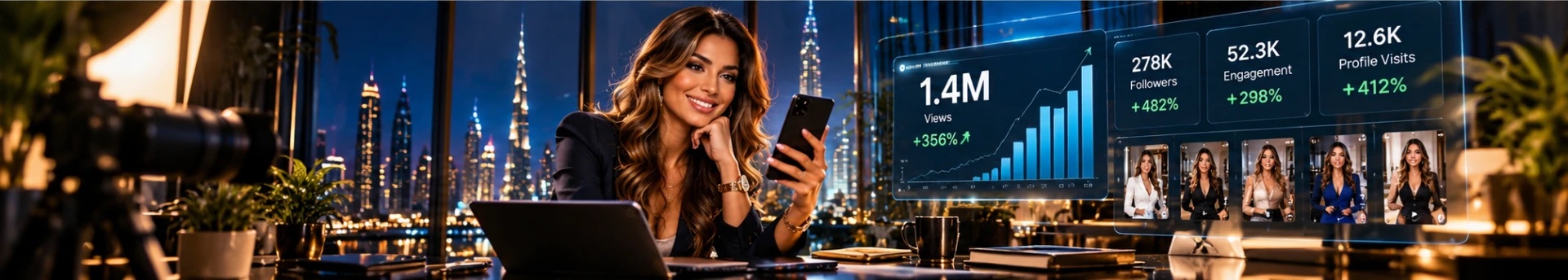 NOLIMITS social growth visualization overlooking the Dubai skyline